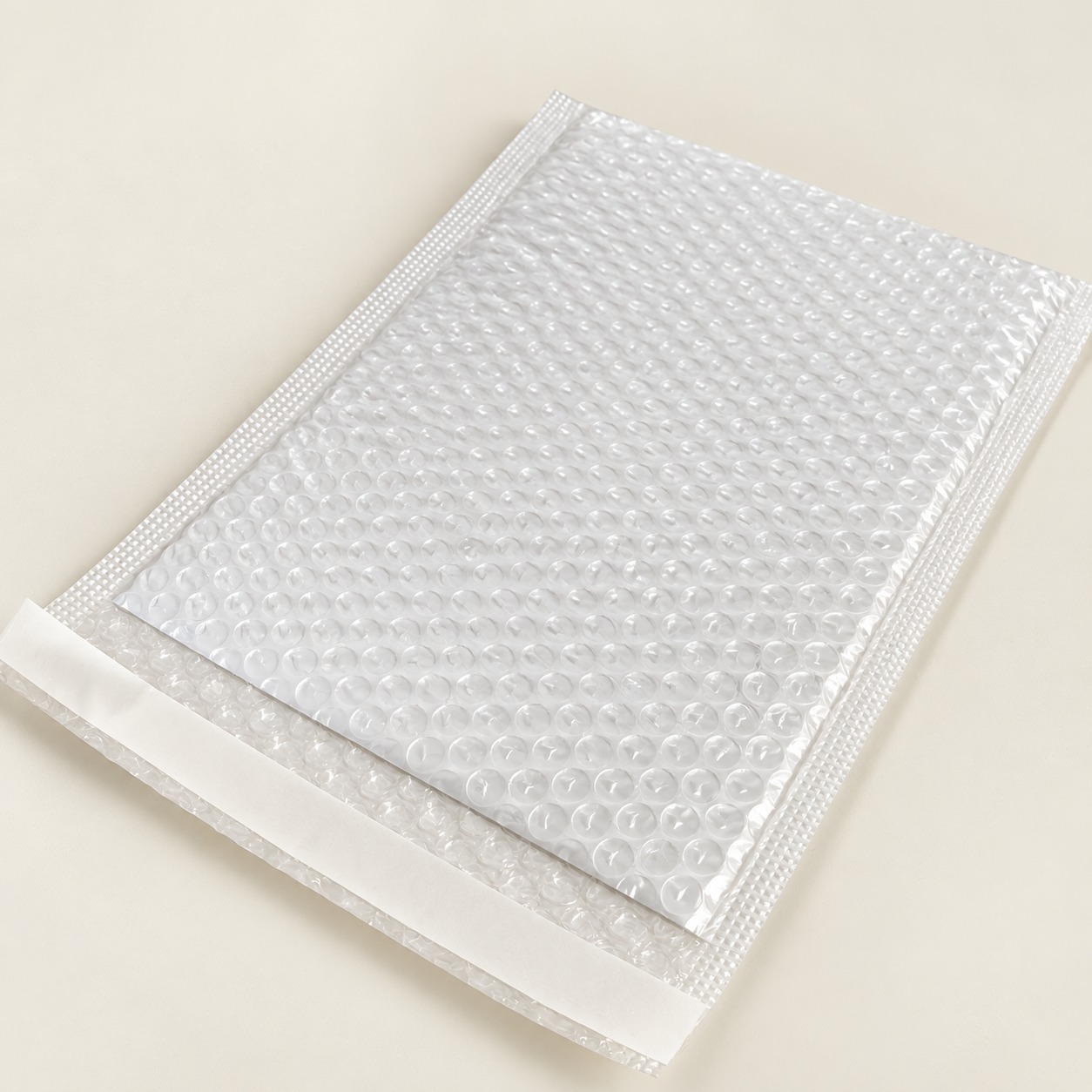 Close-up of stacked neutral pearl bubble mailers showing bubble cushioning and sealed edges